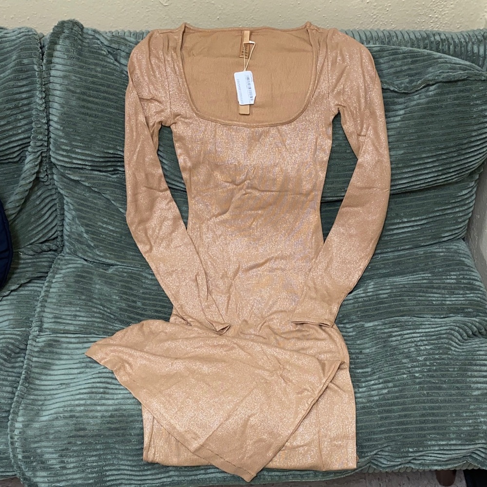 SKIMS Tan Soft Lounge Shimmer Long Sleeve Maxi dress
